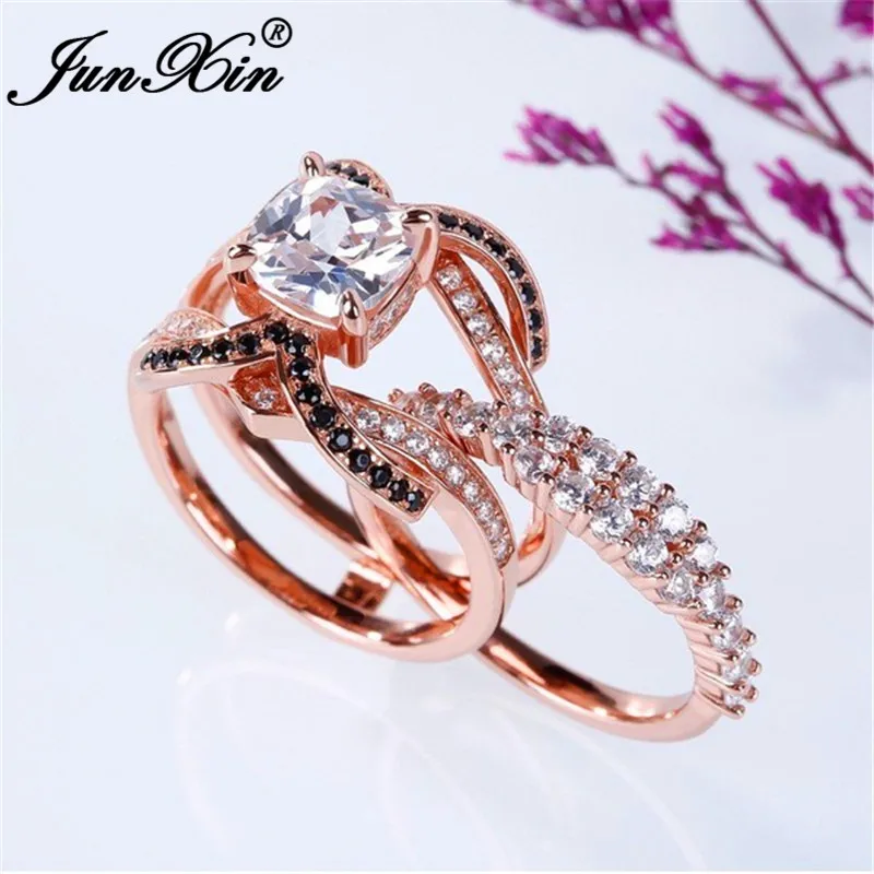 JUNXIN Creative Cross X Ring Sets For Women Rose Gold Filled White Black Zircon Stone Wedding Ring Female Round Crystal Ring CZ