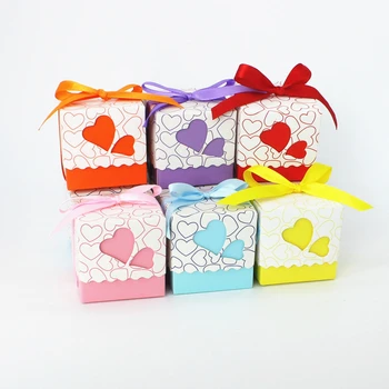 

100pcs/lot Double Cutting Heart Wave Edge Cube Paper Candy Box Five Color Ribbon Return Gift for Friend Guest Packaging Supplies