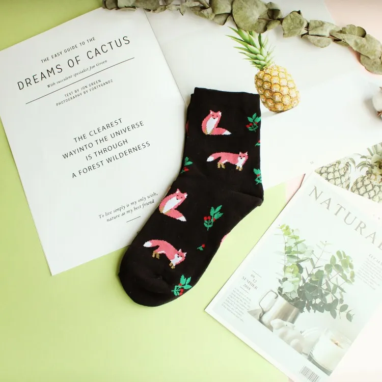 Happy Fruit носки для женщин из чёсаного хлопка высокого качества Socken Новое поступление милые носки с изображением фламинго лисы и животных - Цвет: Fox