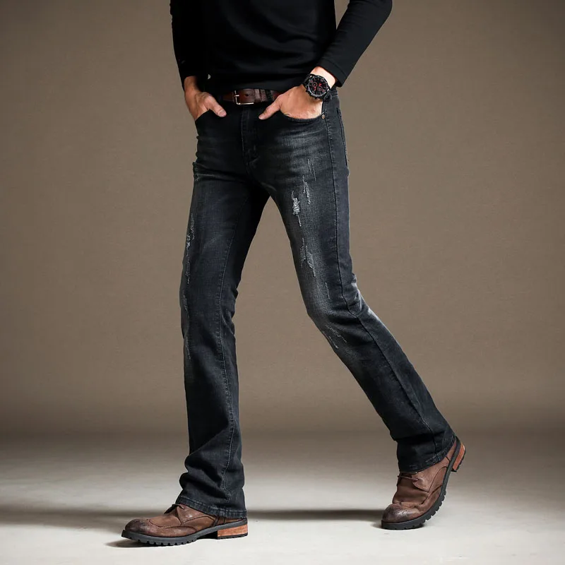 Для мужчин тонкий загрузки вырезать полу-расклешенные джинсы рваные джинсы деловые, Casual мужские со средней талией с эластичной резинкой Four Seasons черный расклешенных джинсов - Цвет: Черный