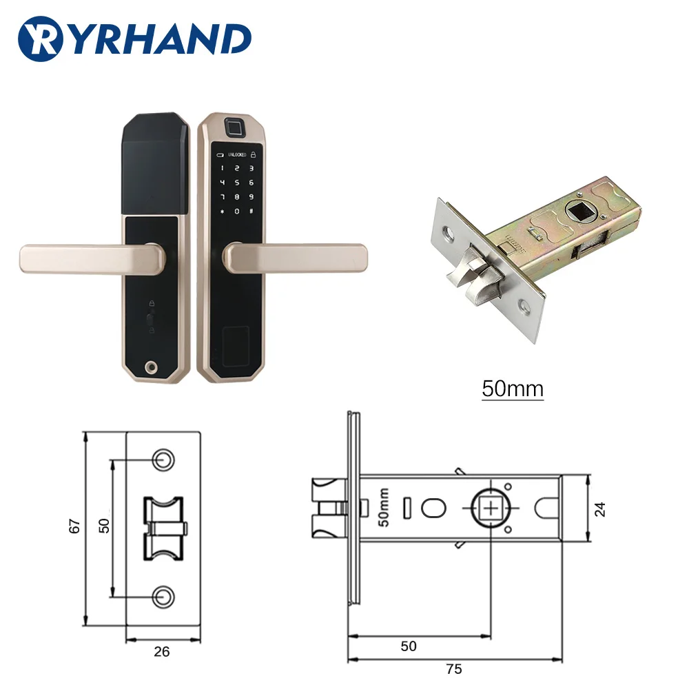 Биометрический замок отпечатков пальцев, интеллектуальный замок безопасности с WiFi приложение Пароль RFID разблокировка, дверной замок электронные гостиницы - Цвет: Gold 50 latch