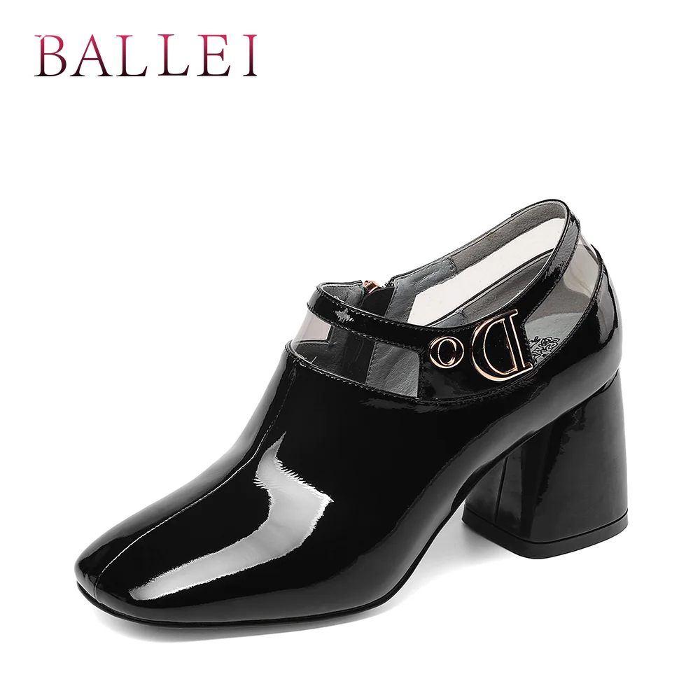 

BALLEI Luxury Woman Elegant Pumps Handmade Patent Leather Retro Square Toe Thick Heel Shoes Vintage Slip-on Solid Soft Pumps D99