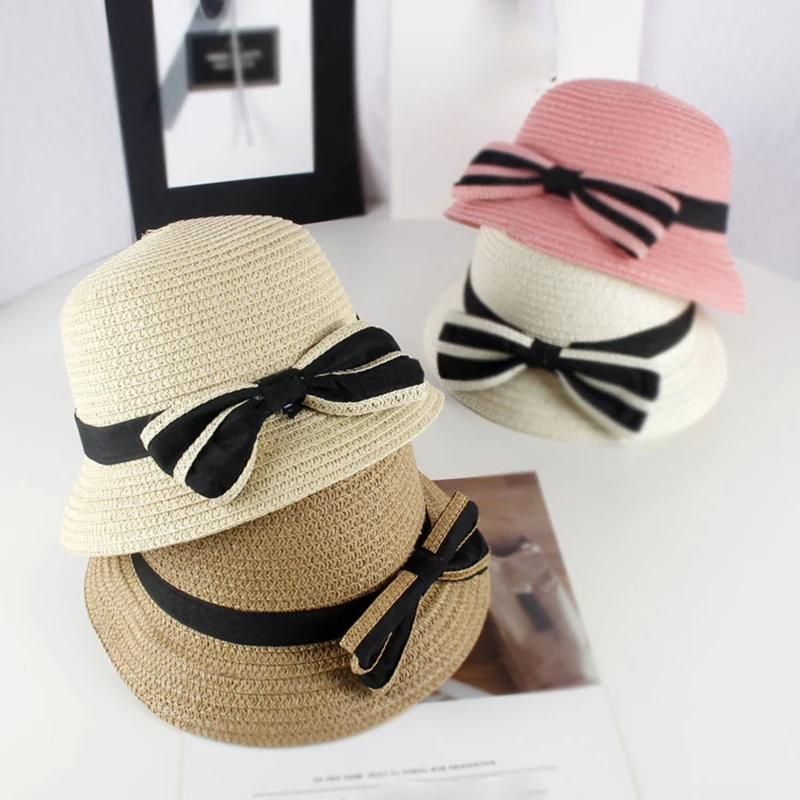 

Summer Children Hat Girls Bowknot Straw Hat Kids Sun Hats Baby Hat Cap for Girls Boater Beach Ribbon Round Flat Top Caps