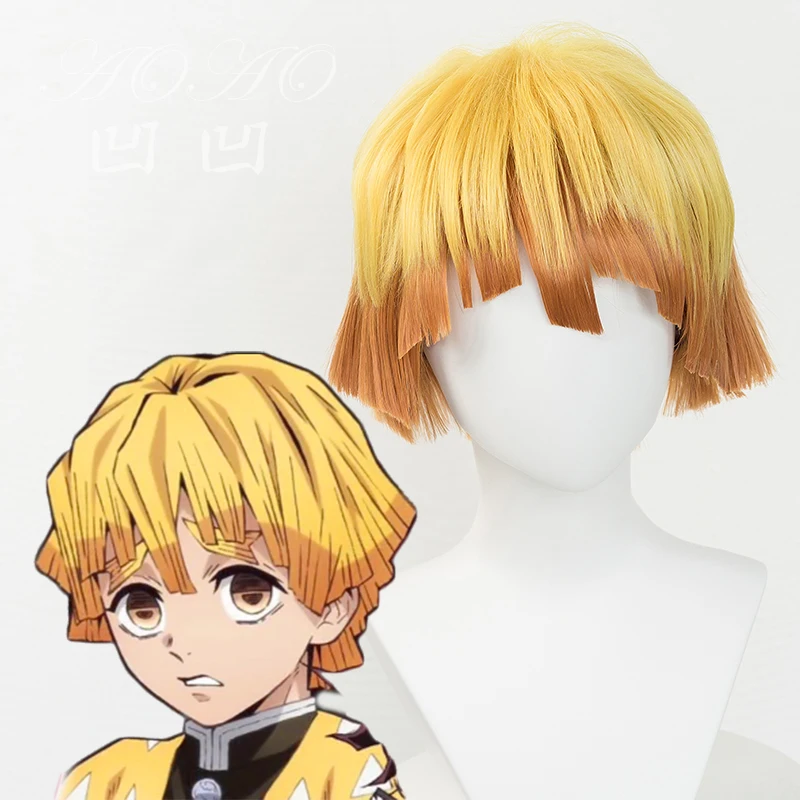 Японское аниме Demon Slayer: Kimetsu no Yaiba mens Agatsuma Zenitsu косплей парик мальчик Оранжевый короткие волосы парик костюмы