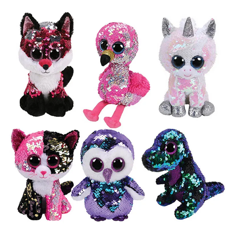 

10pcs/Lot Wholesale Big Eyes Sequin Animal Plush Toys Doll Cat Owl Fox Bunny Unicorn Best Christmas Gift 15cm