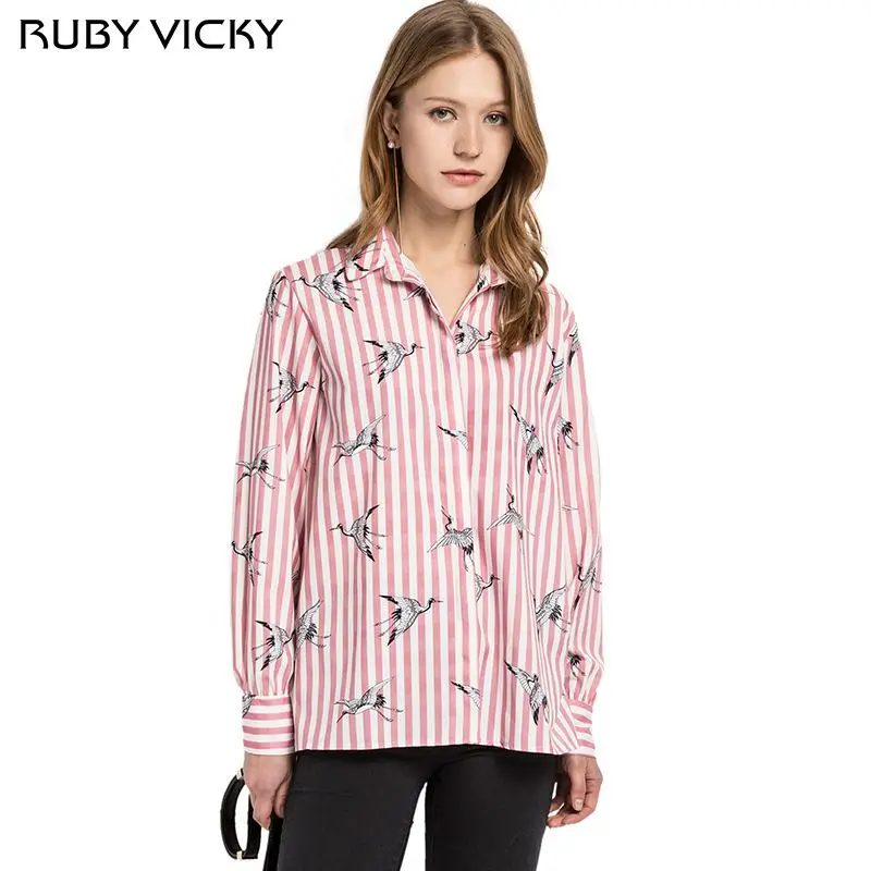 Elegant Women Crane Print Pink Striped Shirts Long Sleeve