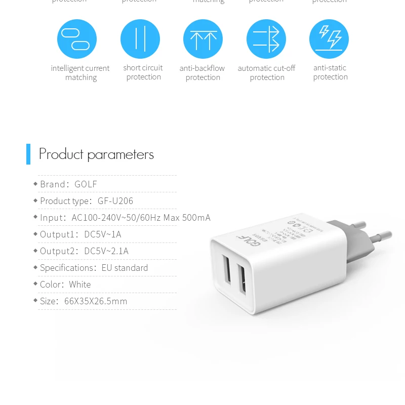 Гольф USB Зарядное устройство 5V2. 1A Универсальный 2 Порты Портативный Путешествия стены переходник для зарядного устройства samsung ЕС Подключите мобильный телефон Зарядное устройство для iPhone