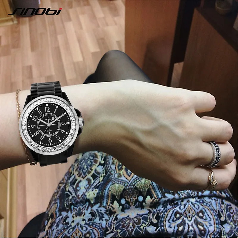Fall-Winter SINOBI Ladies Fashion Ceramic Steel Watches for Womens Diamond Quartz Wrist Watches 12 Black Relojes Mujer 2016