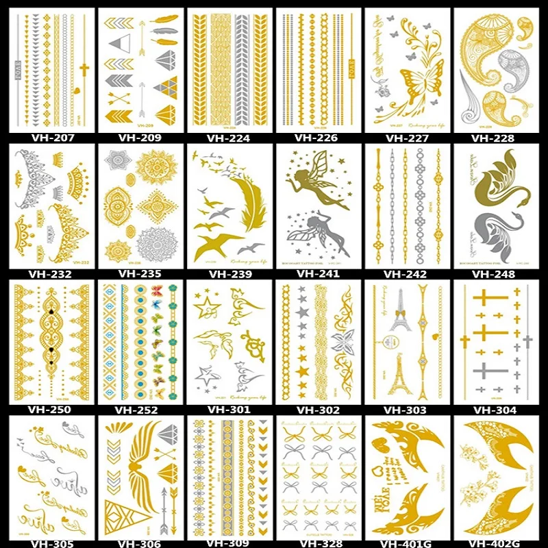

24 Different Small Size Gold and Silver Temporary Tattoos, Metallic Shiny Gold Flash Body Tattoo Sticker Butterfly flower