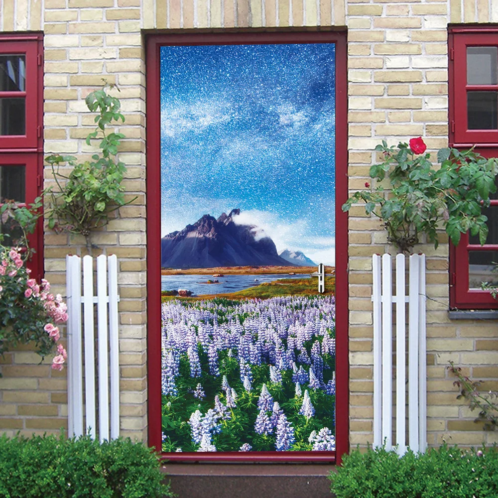 Starry Snow Mountain Lavender Creative Wall Door Stickers Bedroom Home Decoration Poster PVC Waterproof Sticker