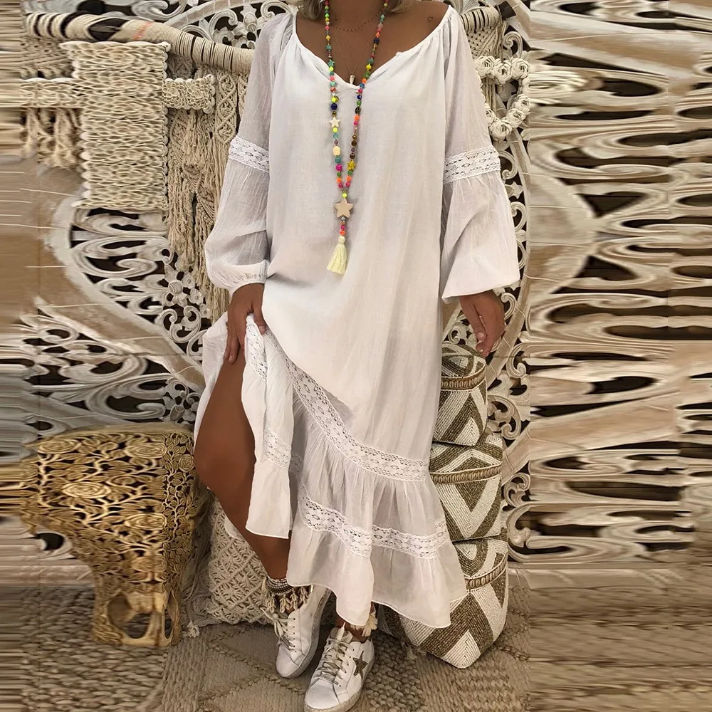 White Lace Ruffle Long Dresses Women Fashion Pullover