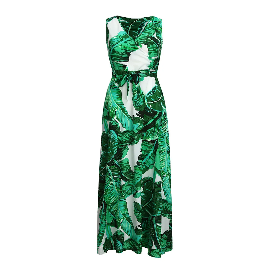Женское платье Cuihua зеленого цвета размера плюс с v-образным вырезом без рукавов повседневное богемное с поясом с Разрезом Длинное Летнее Новое поступление платье Sukienka Lato