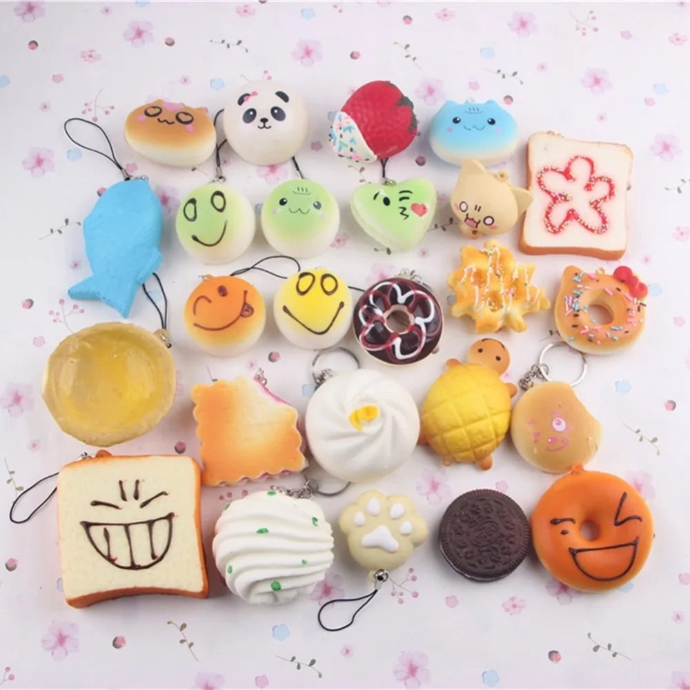 

10 Pcs Lot Kawaii Keychain Bun Toast Donut Bread Cat Food Charm Pendant Key Rings for Women Girls Accessories Random