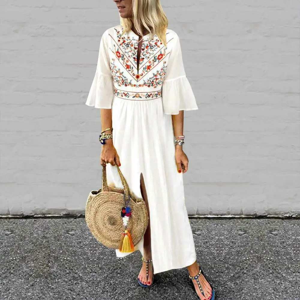 

Vintage Women Fashion Boho Long Maxi Dress Summer Holiday Floral Ladies Casual Short Sleeve Loose Sundress