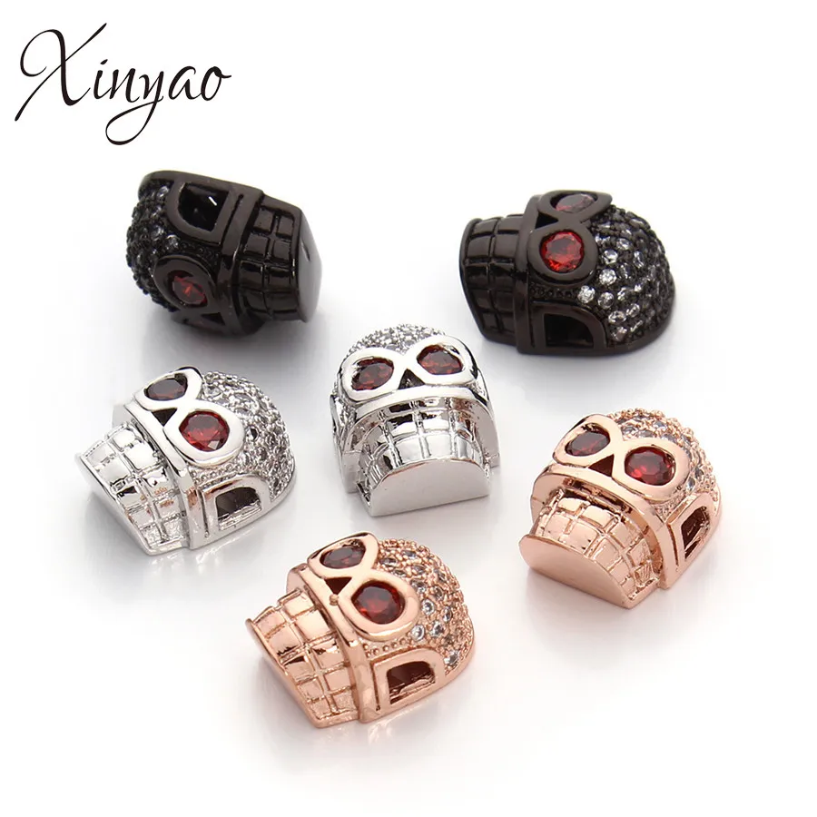 

XINYAO 2Pcs/lot 10x12mm Skull Head Spacer Beads Copper Micro Pave CZ Crystal Rhinestone European Beads For Diy Jewelry Findings