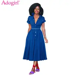 Adogirl Для женщин элегантный Midi Платья для вечеринок отложным воротником короткий рукав пуговицы плиссированное платье Офисные женские