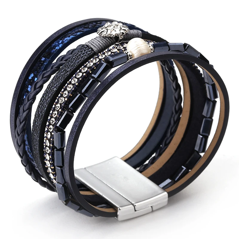 ALLYES плетеные кожаные браслеты для женщин Boho металлический цветок с кристаллом очаровательный с жемчугом многослойный широкий браслет обруча женские ювелирные изделия