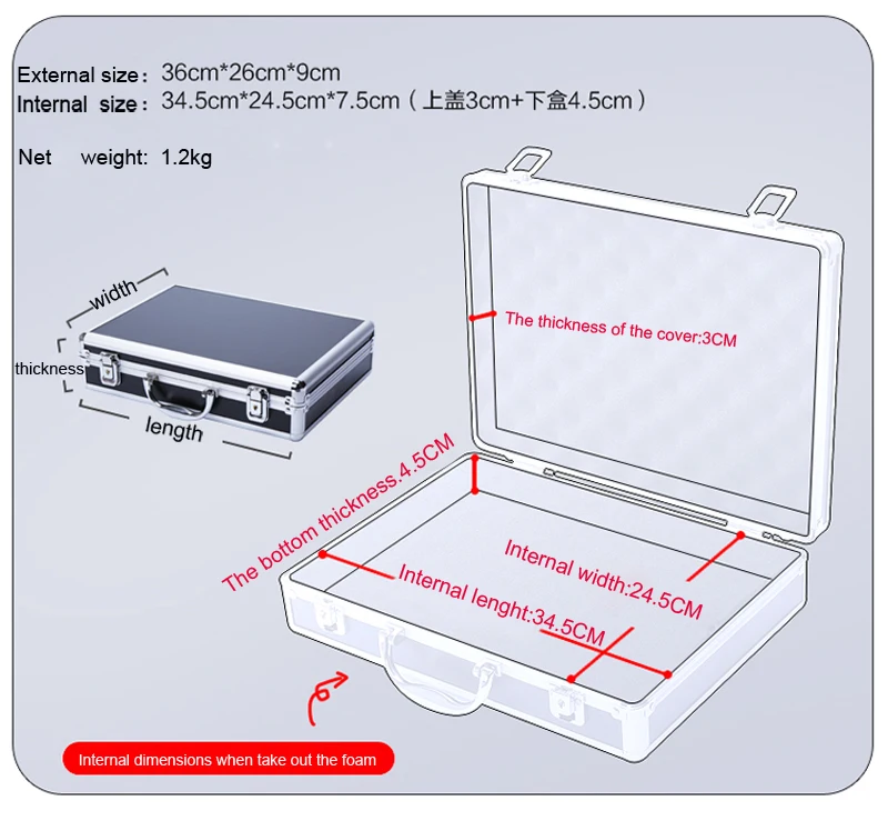 Tactical box aluminium tool case 345*245*75MM tool and file storage Hard carry tool box Hand Gun Locking Pistol with foam lining