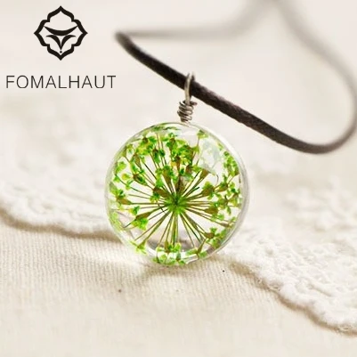 

Hot FOMALHAUT Crystal glass Ball Green lace flower Necklace Long Strip Leather Chain Pendant Necklaces Women 2015 Jewelry CX-122