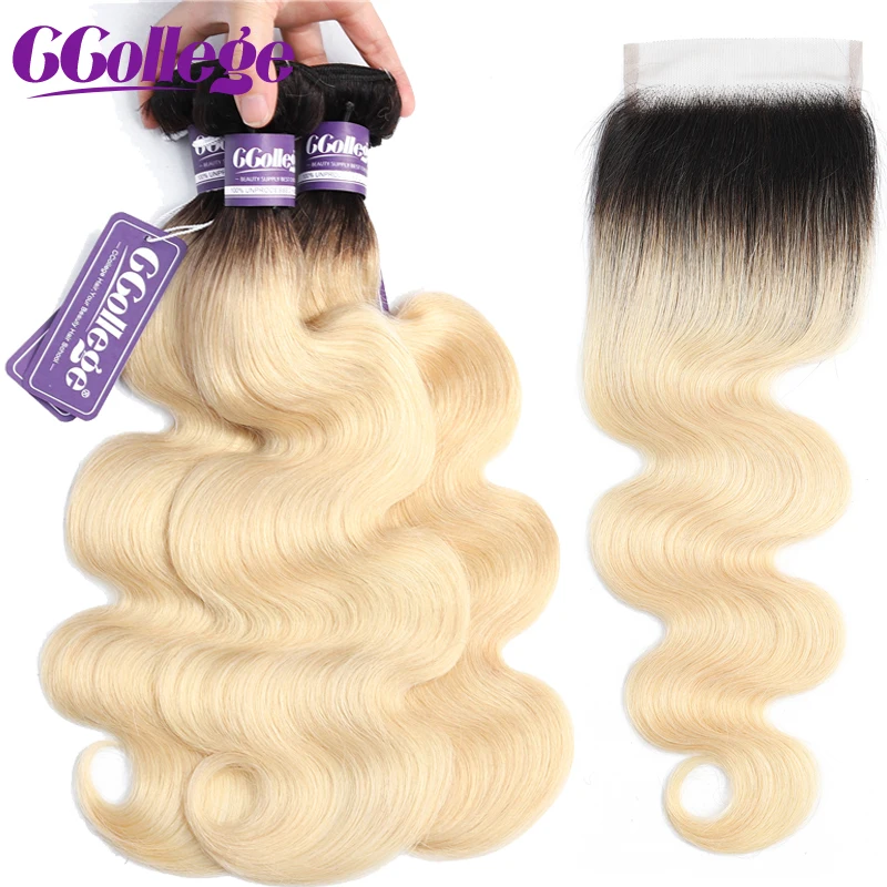 Ombre Hair 3 Bundles and Closure 2 Tone Dark Roots 1B/613 Ombre Blonde Brazilian Body Wave Remy Human Hair Bundles with Closure