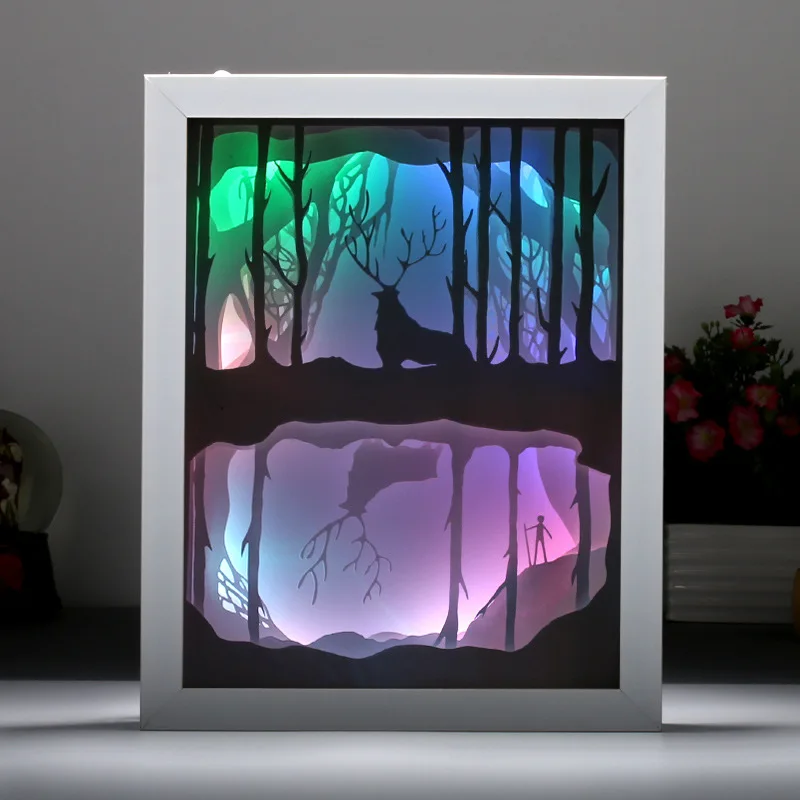 

3D stereoscopic light and shadow paper carving light creative LED new strange night light forest plum deer modern energy saving