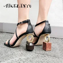 AIKELINYU Top Quality Handmade Women Sandals Strange Wedge Shoes Woman High Heel Gladiator Sandals Asymmetric Metal High Shoes summer women sandals gladiator sandals women strange metal high heel 9 cm womens shoes 2018 zapatos mujer plus size hl94muyisexi