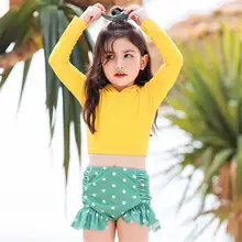 Купальный костюм в горошек с длинными рукавами для девочек, детский купальник с оборками, шапочка, детские танкини, детские шорты, костюм для серфинга