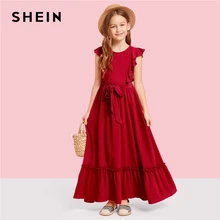 SHEIN Kiddie/Бордовое платье на молнии с рюшами сзади для девочек-подростков; вечерние платья макси для девочек; коллекция года; сезон лето; зеленое платье трапециевидной формы без рукавов для девочек