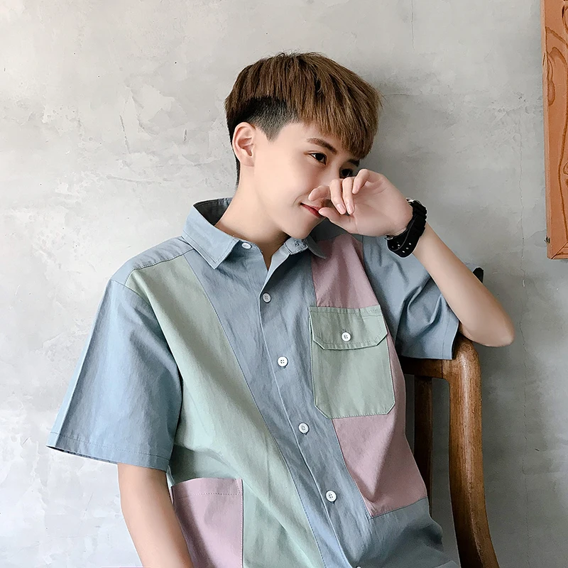 

Men's shirt new summer 2019 clashing colors printed short-sleeved slim shirt loose casual lapel personality young men's wear