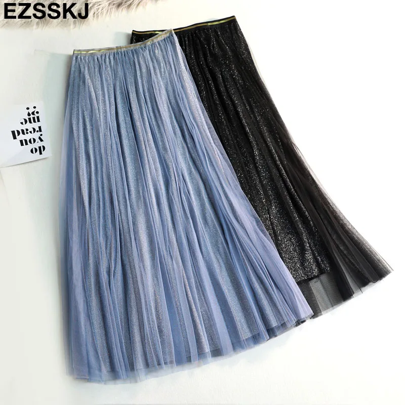2019 весна лето Блестящий тюль юбка женская плиссированная блестящая юбка пачка юбка А силуэта сетка женская Юбка миди Длинная Элегантная Однотонная юбка купить на AliExpress