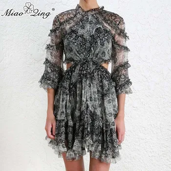 

MiaoQing Summer Sexy Backless Print Women's Dress Stand Collar Three Quarter Ruffles Slim A Line High Waist Female Dresses