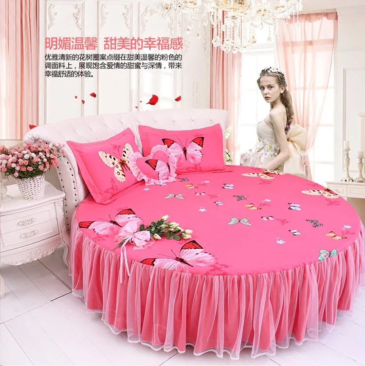 Excellent LACE ROUND Corner Bed Europe Orange color Flower Bedding sets Cotton Round Double Bed sheet Duvet cover Pillow case Bedskirt 57