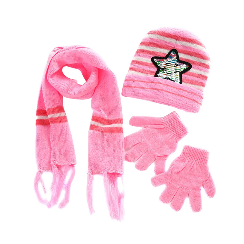 Детская зимняя теплая вязаная Круглая Шапочка шарф перчатки Набор блесток пентаграмма шаблон LBY2018 - Цвет: pink