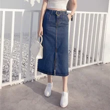 Корейский стиль, высокая талия, тонкая, прямая, джинсовая юбка, элегантная, для женщин, плюс размер, с разрезом спереди, повседневная, джинсовая, длинная, миди