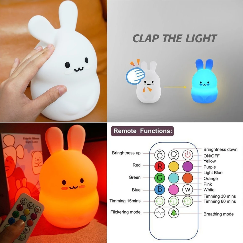Sensor de Controle Remoto da Torneira da Noite Lâmpadas para Crianças Bebê Night Light Silicone Coelho Berçário Lâmpada 9 Cores Usb Recarregável Led 7 Cheap Luzes noturnas