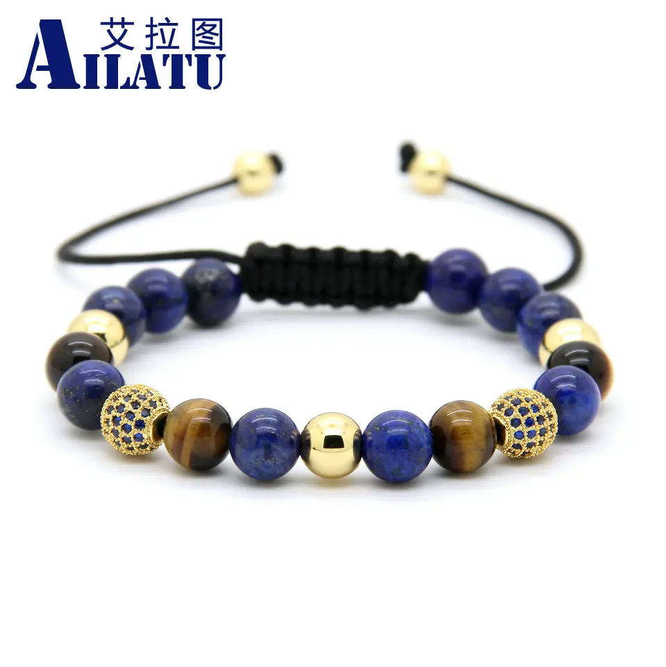 

Ailatu Men's Jewelry Wholesale 10pcs/lot 8mm Lapis Stone Beads & 9mm Micro Paved Blue Cz Ball Macrame Braiding Bracelet