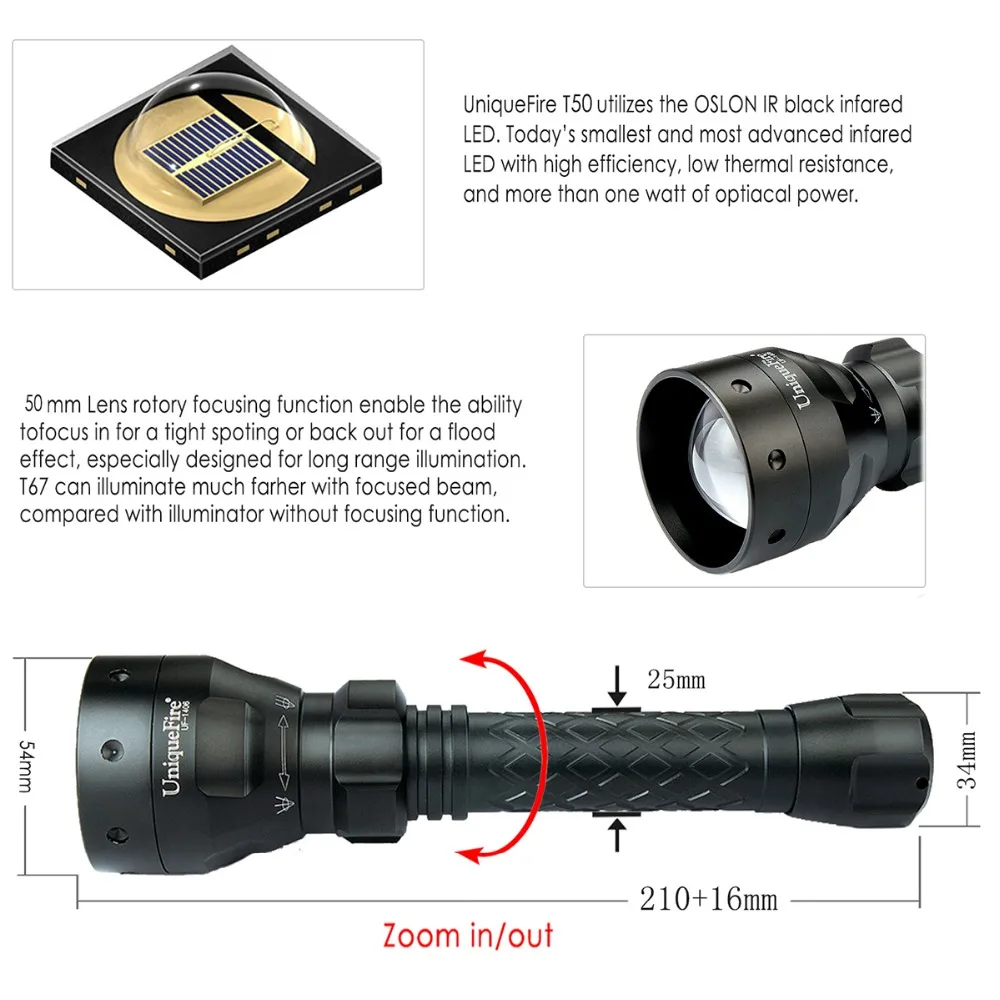 UniqueFire UF-1406 T50 Фонарик светодиодный ИК 850NM масштабируемой Тактический Инфракрасный фонарик для 18650 Батарея Ночное видение Охота