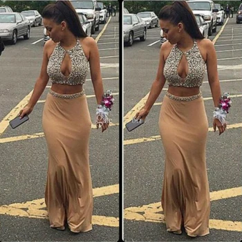 

Sexy Two Pieces Set Mermaid Prom Gown Beads Crystal Sleeveless Wedding Party Dress Custom Made