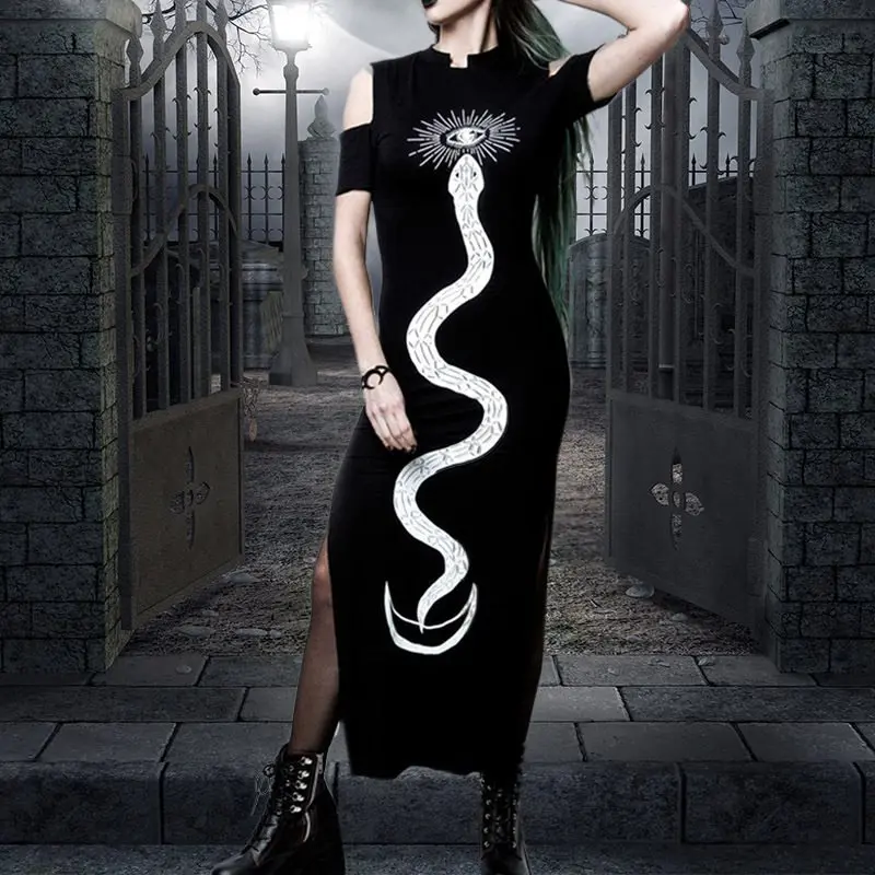 

Summer Casual Sexy Club Punk Gothic Black Women Midi Dresses Bodycon Snake Print Split Female Goth Fashion Hip Hop Chic Dress