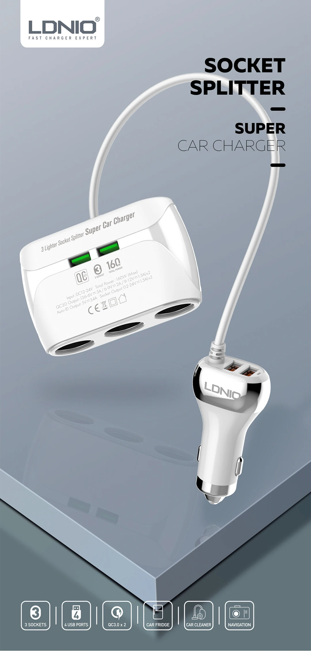 LDNIO C504 Dual QC3.0 Fast Car Charger With 3 Slot Socket Adapter description image