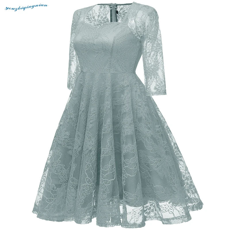 2018The new fall dress comes with a seven-point sleeve and a blue-gray v-neck high-end dress for parties and weddings. Dresses