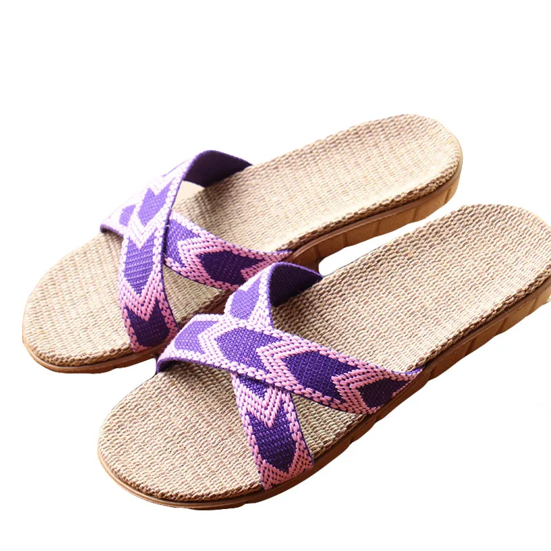 purple Горячее предложение Лето Для женщин льняные тапочки бренд качество плоский Нескользящие домашние льняные шлепанцы домашние сандалии Леди Этническая пляжная обувь - Цвет: purple