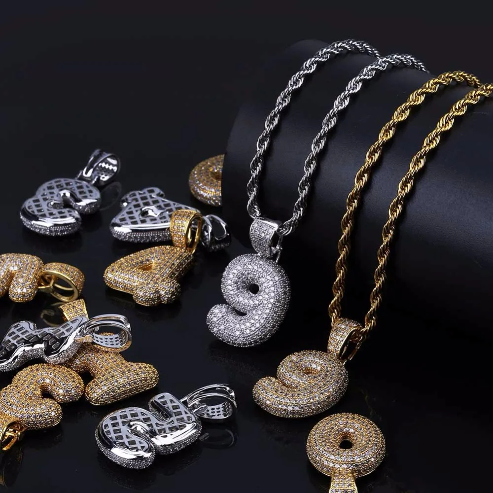 

Number 0-9 Bling Iced Out Arabic numerals Pendants Necklaces Men's Zircon Hip Hop Jewelry with 3mm Twist chain