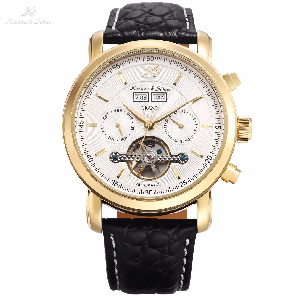 

Grand Kronen Sohne Auto Men Mechanical Golden Case White Calendar Date Day Steel Leather Strap + Box Watch /KS371