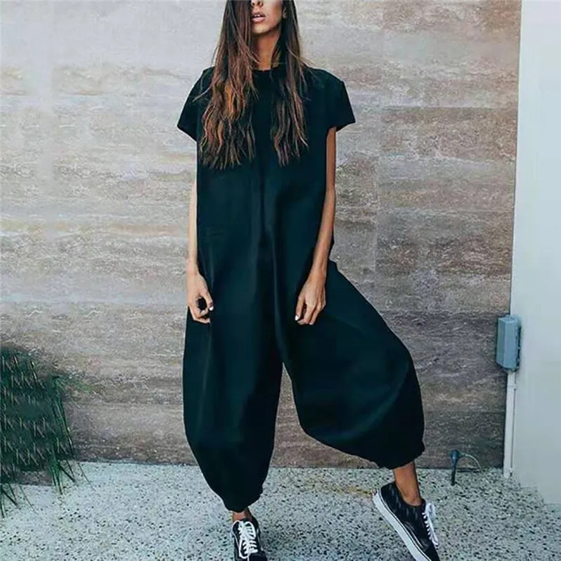 New Women Summer Casual O-Neckline Solid Romper Short Sleeve Zipper Loose Jumpsuit Elegant Beach Holiday Dropshipping #4A29 (5)