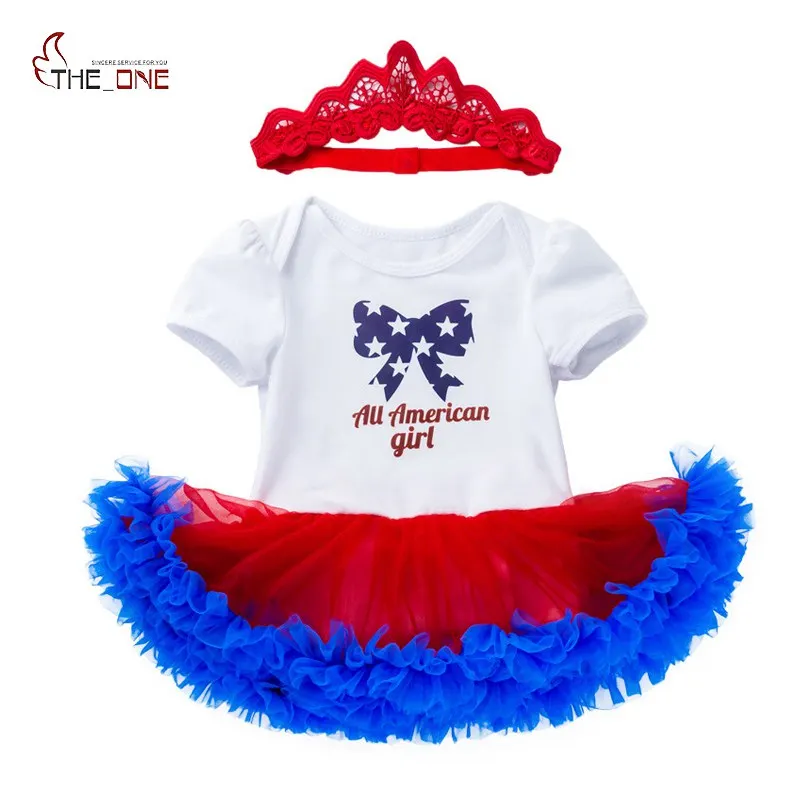 

MUABABY Baby Summer Romper Dress with Headband Newborn Short Sleeve American Festival Layered Tutu Skirt Infant Girl Clothing