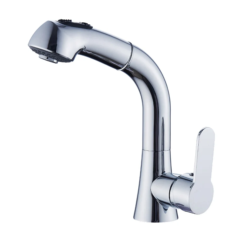 

Copper Pull Out Kitchen Faucet Electroplate Polished Silver Basin Faucet Lift Up Single Handle Hole Mixer Water Taps 360 Degree