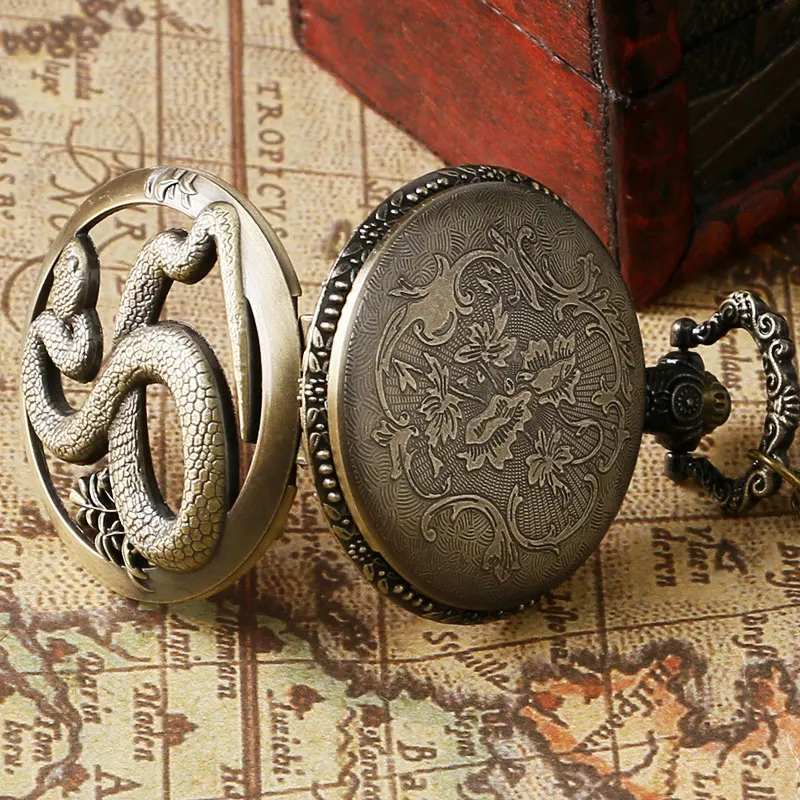 Montre de poche Vintage en Bronze, pendentif creux serpent du zodiaque chinois, Quartz, collier rรฉtro, horloge, cadeau pour enfants
