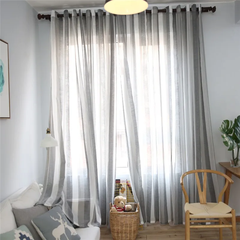

Byetee Grey Strip Window Curtains for Living Room Modern Customize Finished Cortinas Kitchen Tulle Curtain Drapes Sheer Cortinas