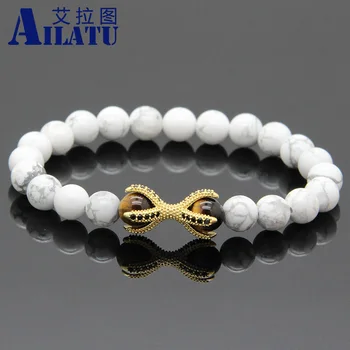 

Ailatu Wholesale 10pcs/lot White Howlite Bracelet Yellow Tiger Eye Beads Micro Inlay Black CZ Beads Eagle Paw Men Jewelry
